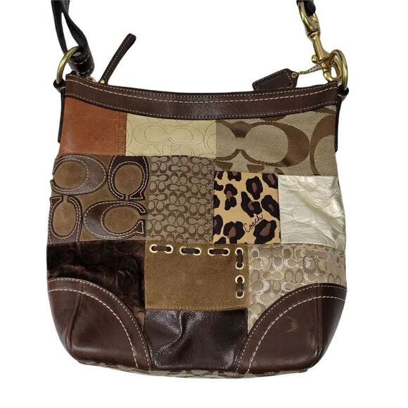 Vintage Coach Animal Print Patchwork Suede, Leather, Canvas & Velvet Hobo Bag - Picture 6 of 15